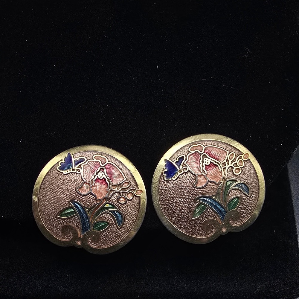 Cloisonne Enamel Floral Clip On Earrings Round Vintage Costume Jewelry